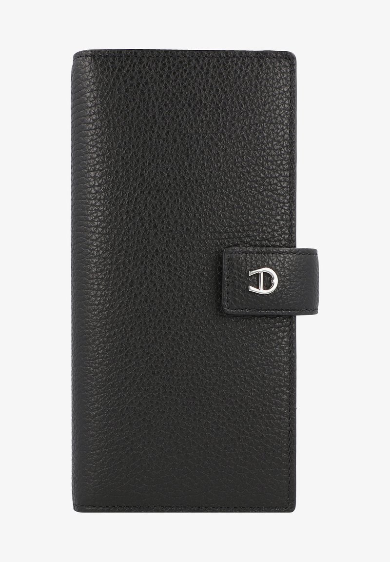 Schwarzes Lederportemonnaie mit strukturiertem Oberflächen, ausgestattet mit einem Druckverschluss und silbernen Hardware-Details. Rechteckige Form, elegantes Design.