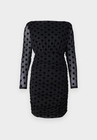 Μαύρο φόρεμα με φουντούνες και μακριά διαφανή μανίκια, που διαθέτει ραφή και εφαρμοστό σχεδιασμό, κατασκευασμένο από απαλό ύφασμα.