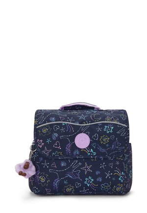Lo zaino navy presenta una stampa multicolore di stelle e fiori, una cerniera grigia, un logo circolare viola e un charm a forma di gorilla viola attaccato.