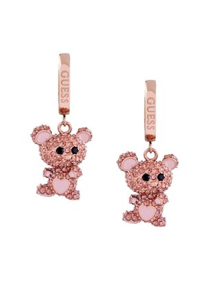Rose gold earrings featuring a teddy bear design embellished with pink and clear crystals, with black eyes and a heart detail.