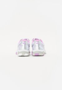 Silver athletic shoes with pink accents, smooth synthetic upper, cushioned sole, and patterned tread, featuring a rounded heel design.