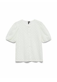 Blouse blanche avec des manches courtes bouffantes, un col rond, un motif texturé et une rangée de boutons sur le devant. Tissu doux.