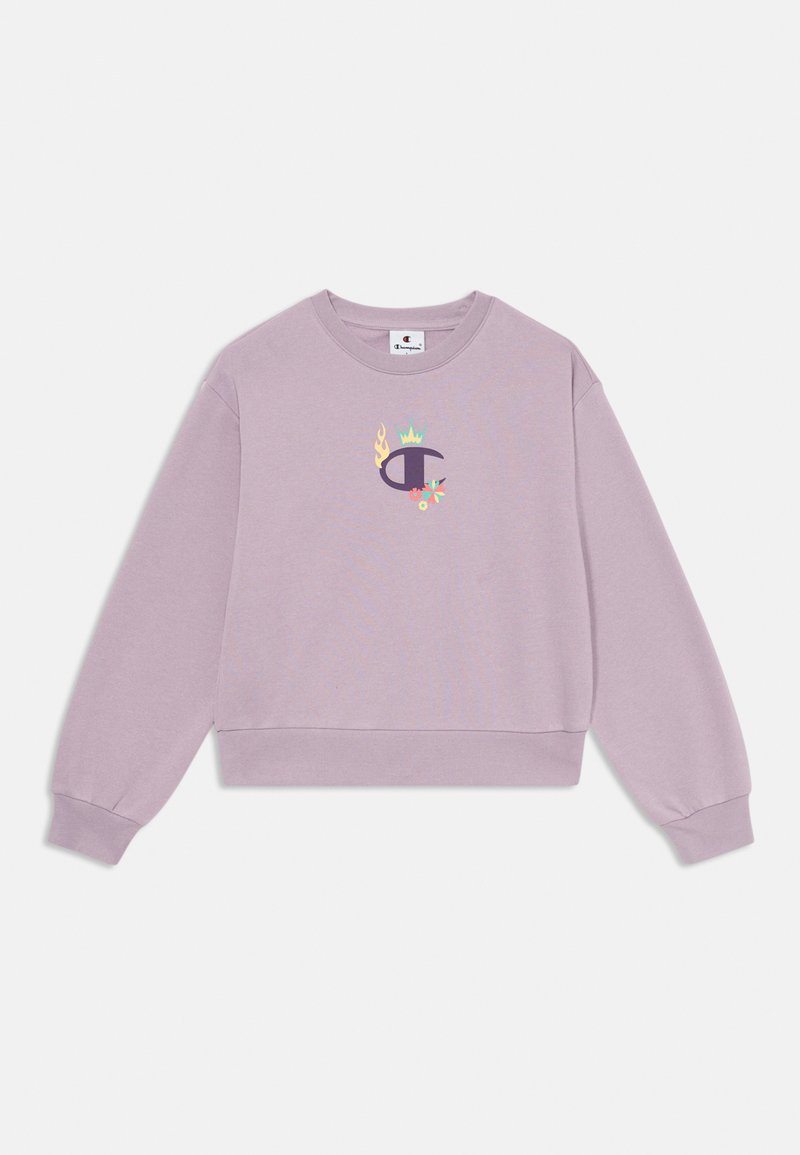 Felpa lavanda con collo a giro, maniche lunghe e orlo a costine. Presenta un design del logo colorato sul petto con accenti di fiamme e una corona.