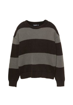 Flauschiger Strickpullover mit Rundhalsausschnitt und breiten horizontalen Streifen in Dunkelbraun und Grau, ausgestattet mit langen Ärmeln sowie gerippten Bündchen und Saum.