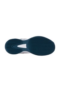 Shoe outsole with a textured, herringbone pattern in teal. Features white accents and a smooth, rounded design design for grip and stability.