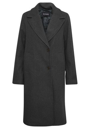 Cappotto di lana grigio scuro con rever a punta, due tasche frontali e due bottoni marroni. Silhouette semplice e dritta con una fodera interna liscia.