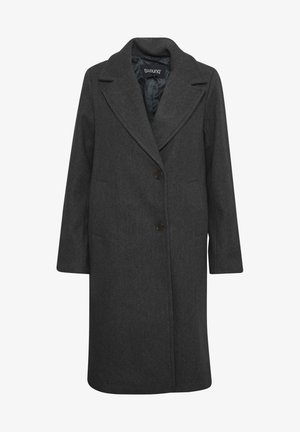 Dunkelgrauer Wollmantel mit Revers, zwei Fronttaschen und zwei braunen Knöpfen. Schlichte, gerade Silhouette und glatte Innenauskleidung.