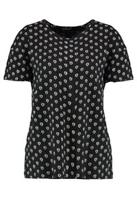 Camiseta negra de manga corta con un pequeño patrón floral blanco que cubre uniformemente la tela, escote redondo y dobladillo recto.
