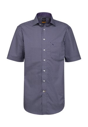 Kurzärmliges, navy-blaues Hemd mit einem weißen geometrischen Muster, Knopfleiste vorne, spitzem Kragen und einer Brusttasche. Weicher Stoff mit angenehmer Textur.