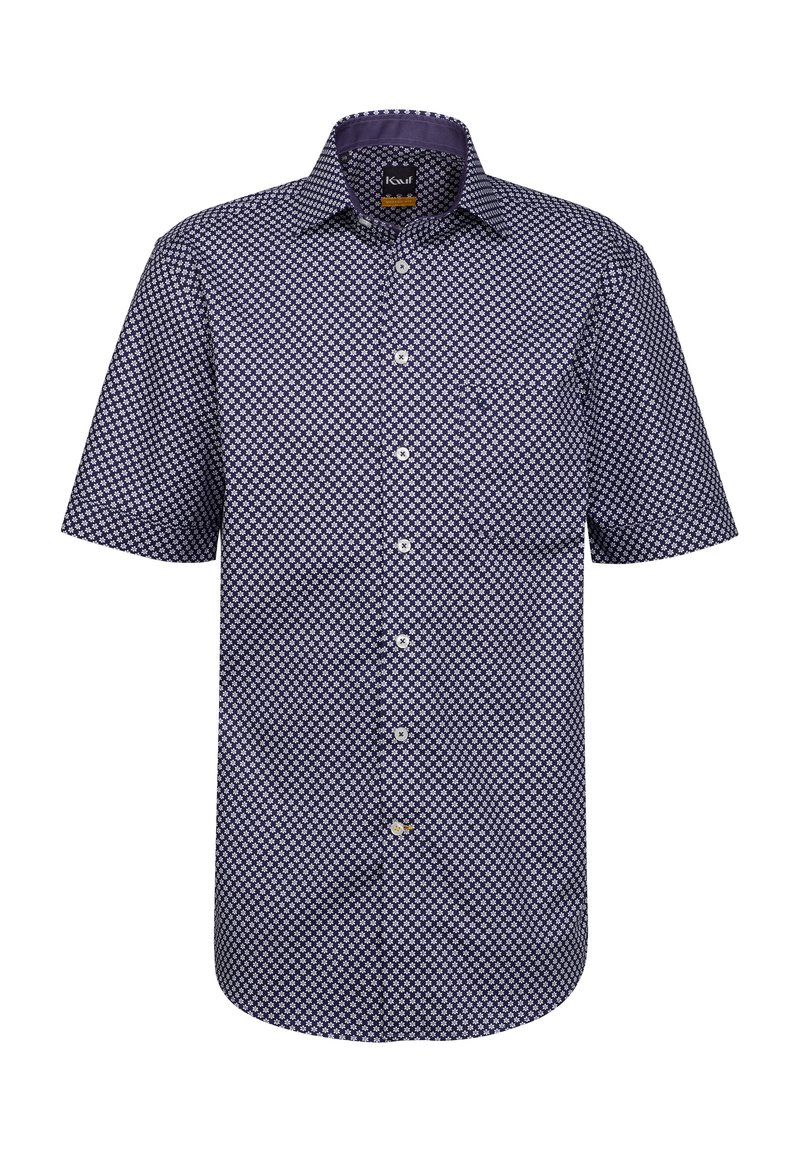 Camicia a maniche corte blu navy con un motivo geometrico bianco, chiusura a bottoni, colletto a punta e una tasca sul petto. Tessuto morbido.