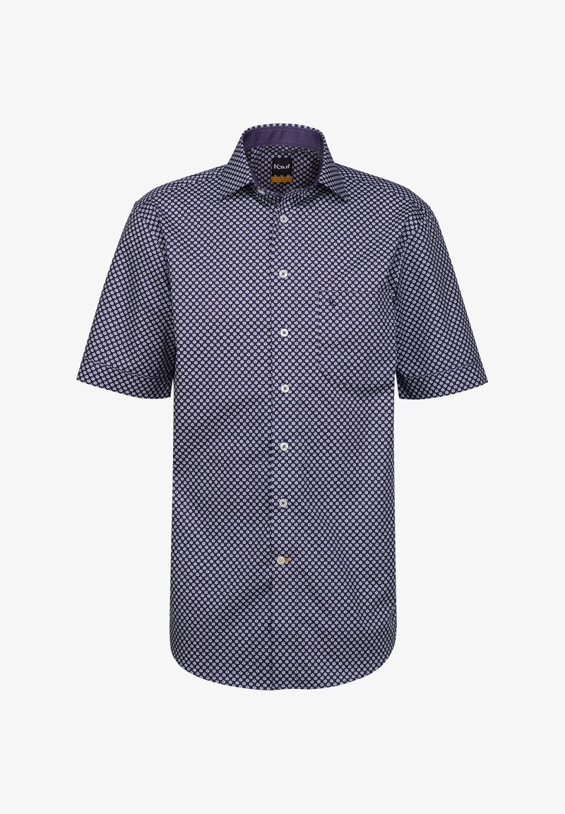 Camicia a maniche corte blu navy con un motivo geometrico bianco, chiusura a bottoni, colletto a punta e una tasca sul petto. Tessuto morbido.