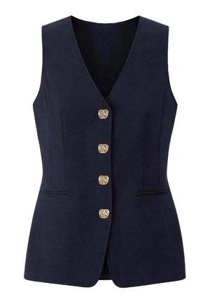Gilet senza maniche blu navy con scollo a V profondo, quattro bottoni dorati decorativi sulla parte anteriore e due tasche orizzontali a fessura.