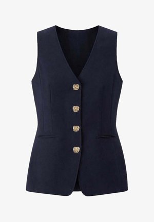 Gilet senza maniche blu navy con scollo a V profondo, quattro bottoni dorati decorativi sulla parte anteriore e due tasche orizzontali a fessura.