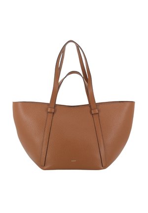 Brown leather tote bag with textured surface, two long straps, and a structured shape. Features minimalistic design and gold branding on the front.