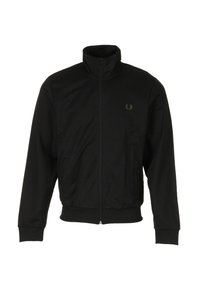 Zwarte ritssluiting jas van polyester, met een hoge kraag, geribbelde manchetten en geborduurd logo op de linkerborst. Geen zichtbare patronen.