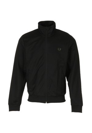 Zwarte ritssluiting jas van polyester, met een hoge kraag, geribbelde manchetten en geborduurd logo op de linkerborst. Geen zichtbare patronen.