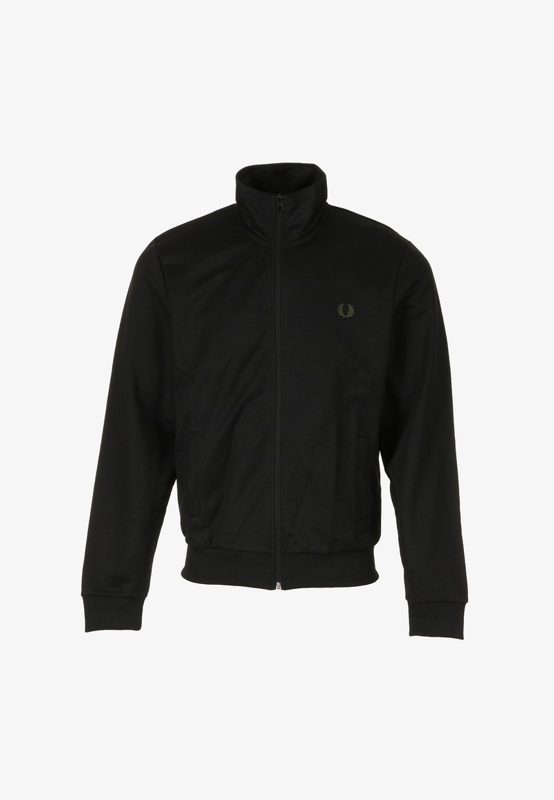 Zwarte ritssluiting jas van polyester, met een hoge kraag, geribbelde manchetten en geborduurd logo op de linkerborst. Geen zichtbare patronen.