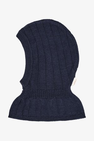 Knitted balaclava in dark blue, featuring a ribbed texture, fitted design, and a soft finish. Includes a small woven label.