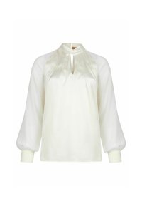 Cremfarbene Bluse aus Satin mit hohem Kragen, Schlüssel-Ausschnitt und puffigen langen Ärmeln, die eine glatte Textur und eine strukturierte Form aufweist.
