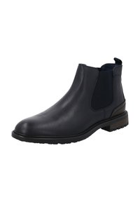 Botas Chelsea de cuero azul marino con paneles laterales elásticos, una textura suave y un tacón bajo de bloque con una suela de goma texturizada.