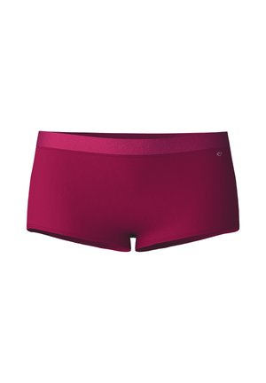 Maroon swim shorts with a smooth texture, featuring a wide, flat waistband and a fitted design. Simple style with no visible patterns or accents.