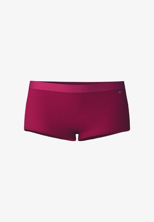 Shorts de bain bordeaux avec une texture lisse, dotés d'une large ceinture plate et d'un design ajusté. Style simple sans motifs ni accents visibles.