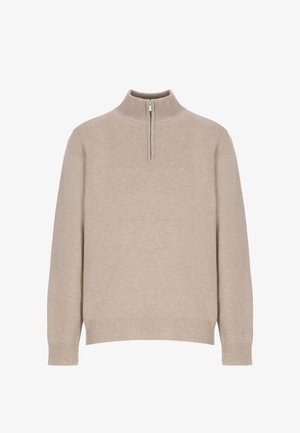 Maglione beige con collo alto e mezza cerniera. Tessuto a maglia, maniche lunghe e polsini a coste. Design minimalista senza motivi.