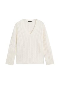 Maglione bianco a treccia con scollatura a V, maniche lunghe e vestibilità rilassata. Motivo testurizzato in tutto il capo con polsini e orlo a costine.
