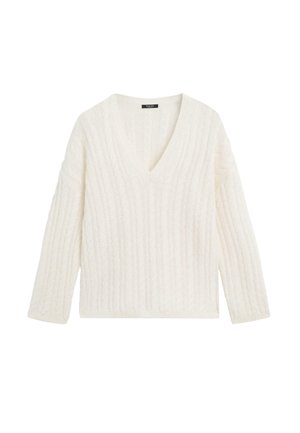 White cable-knit sweater with a v-neck, long sleeves, and a relaxed fit. Textured pattern throughout with ribbed cuffs and hem.