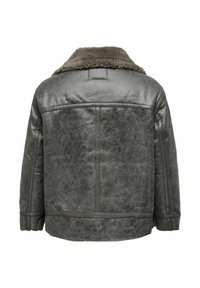Chaqueta de cuero con un acabado texturizado gris, que presenta un cuello de piel y acentos de costura horizontal en la parte trasera.