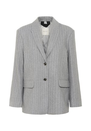 Gray pinstripe blazer featuring a notched collar, two front pockets, and two black buttons for closure. Simple and elegant design.