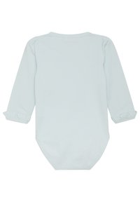 Ljusblå långärmad bodysuit gjord av mjukt tyg med rynkade manschetter och en rund halsringning. Bakdesignen är enkel utan mönster.