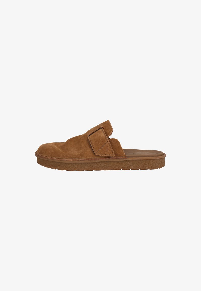 Brown suede slide sandal with a wide strap and a cushioned sole, featuring a textured surface and a simple, open-back design.