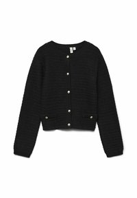 Cardigan cropped nero con un design a maglia testurizzata, scollo rotondo e chiusura con bottoni frontali. Presenta due tasche laterali con dettagli in tono oro.
