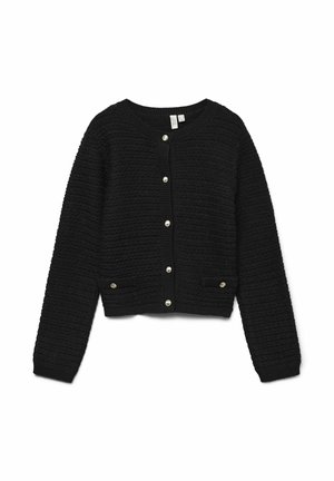 Svart kort cardigan med en strukturerad stickad design, rund halsringning och framknäppning. Har två sidofickor med guldfärgad detalj.