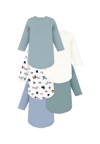 Σετ από πέντε μπλούζες με μακριά μανίκια σε διάφορα χρώματα: ανοιχτό μπλε, λευκό και με σχέδιο ζώων σε κρεμ απόχρωση. Μαλακή υφή, στρογγυλεμένες άκρες.