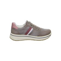Casual low-top sneaker with gray suede, pink heel accent, lace-up closure, and white sole with black stripe.