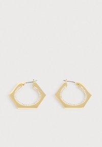 Kullast kuusnurkse kujuga kõrvarõngad, millel on sile pind ja selgete kristallidega kaunistatud sisemine äär.