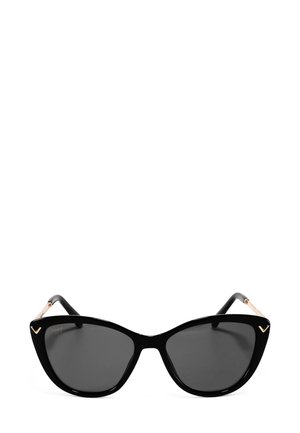 Black cat-eye sunglasses with dark lenses, glossy finish, and gold-accented arms featuring a distinct V-shaped detail.