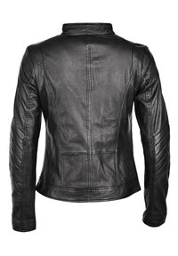 Veste en cuir noire avec des panneaux cousus au dos et aux manches, présentée sur fond blanc.