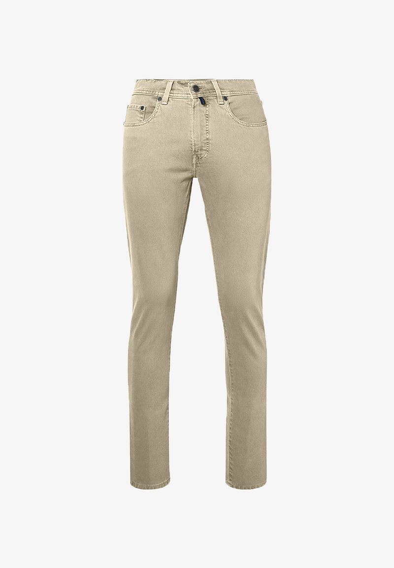 Pantaloni in misto cotone beige con vestibilità slim, dotati di vita standard, design classico a cinque tasche e dettagli di cucitura sottili.