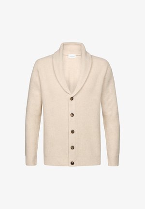 Beiger Cardigan mit Schalkragen, gerippter Textur und sechs braunen Knöpfen auf der Vorderseite. Lange Ärmel und lockere Passform.