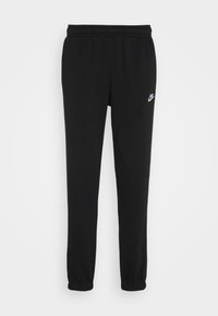 Black athletic sweatpants with elastic waistband, ankle cuffs, and a small white Nike logo on the left thigh made from soft, breathable fabric.