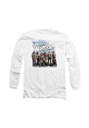 White long-sleeve t-shirt featuring a graphic print of a group of individuals with the text "The Warriors" in bold, stylized font.