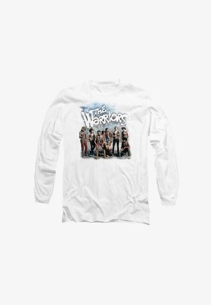 White long-sleeve t-shirt featuring a graphic print of a group of individuals with the text "The Warriors" in bold, stylized font.