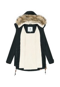 Svart ytterjacka med fuskpäls på huvan. Insidan är foder i krämfärgad fleece. Har dragkedjestängning och justerbara snoddar vid fållen.