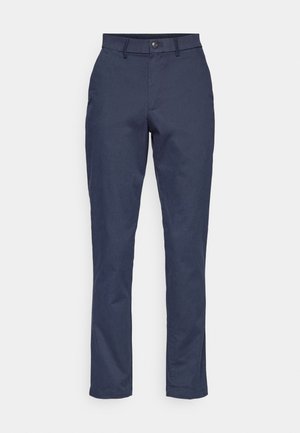 Pantalons bleu marine en tissu lisse, avec une coupe droite, fermeture à bouton sur le devant et poches standards sur les côtés.