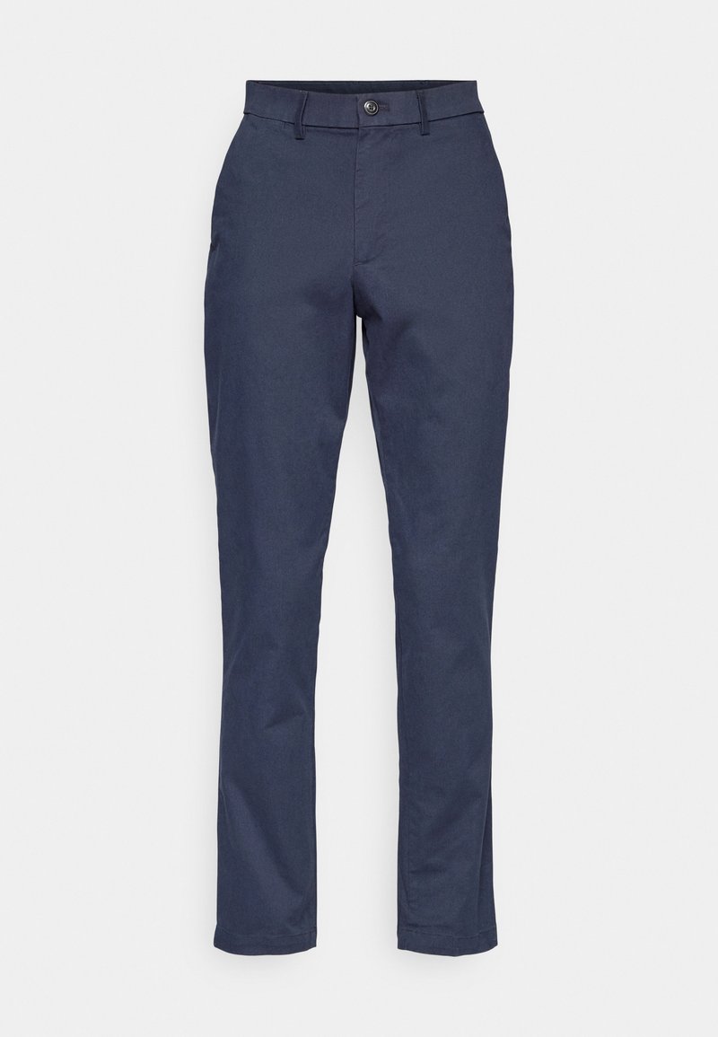 Pantalons bleu marine en tissu lisse, avec une coupe droite, fermeture à bouton sur le devant et poches standards sur les côtés.