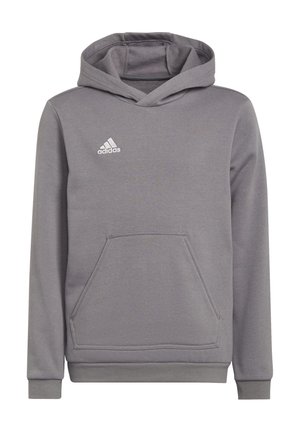 Szary rozpinany hoodie wykonany z miękkiego materiału, z kieszenią typu kangur z przodu, ściągaczami przy rękawach i małym białym logo Adidas na klatce piersiowej.