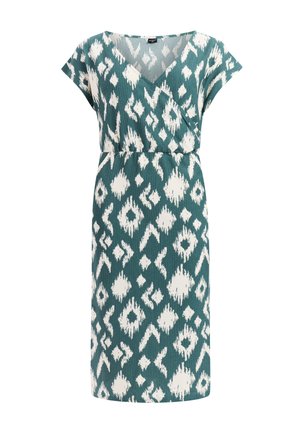 Turquoise knie-lange jurk met wit abstract diamantpatroon, korte mouwen, V-hals en getailleerde taille.